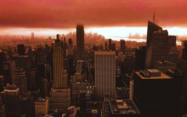 A city skyline at dusk