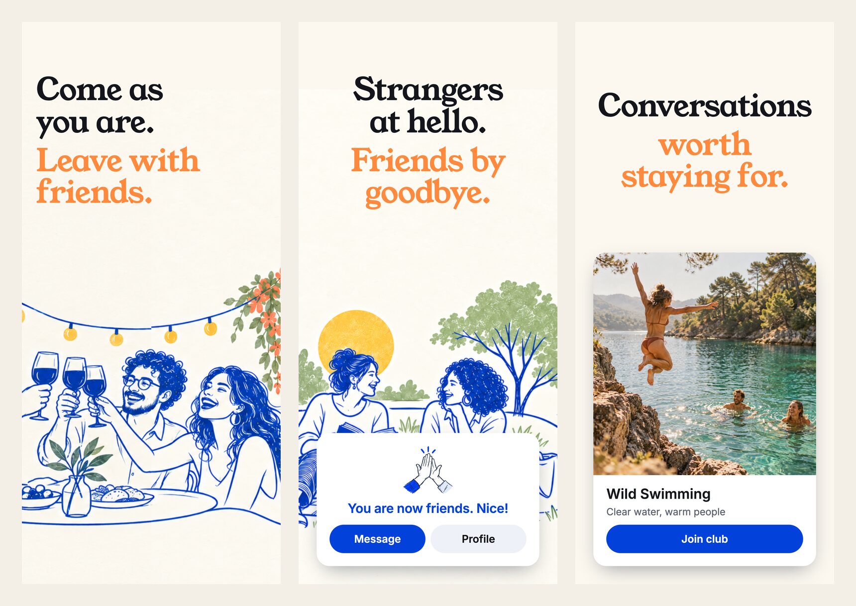 Three KF.Social app screens: Come as you are, leave with friends; a You are now friends confirmation; and a Wild Swimming club card with a Join club button.