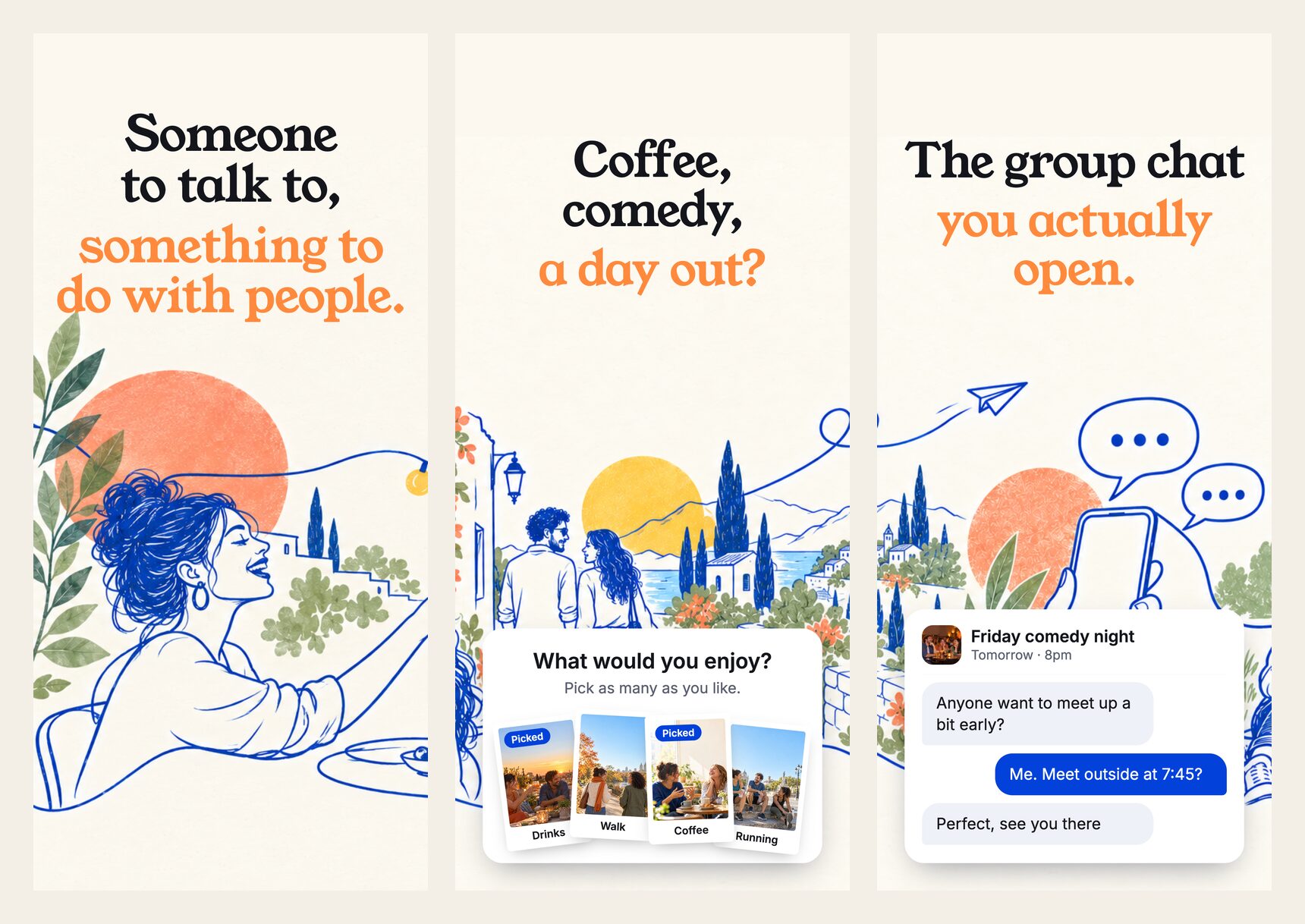 Three KF.Social app screens: the brand line Someone to talk to, something to do with people; the Plans picker asking What would you enjoy? with activity postcards; and a group chat for a Friday comedy night.