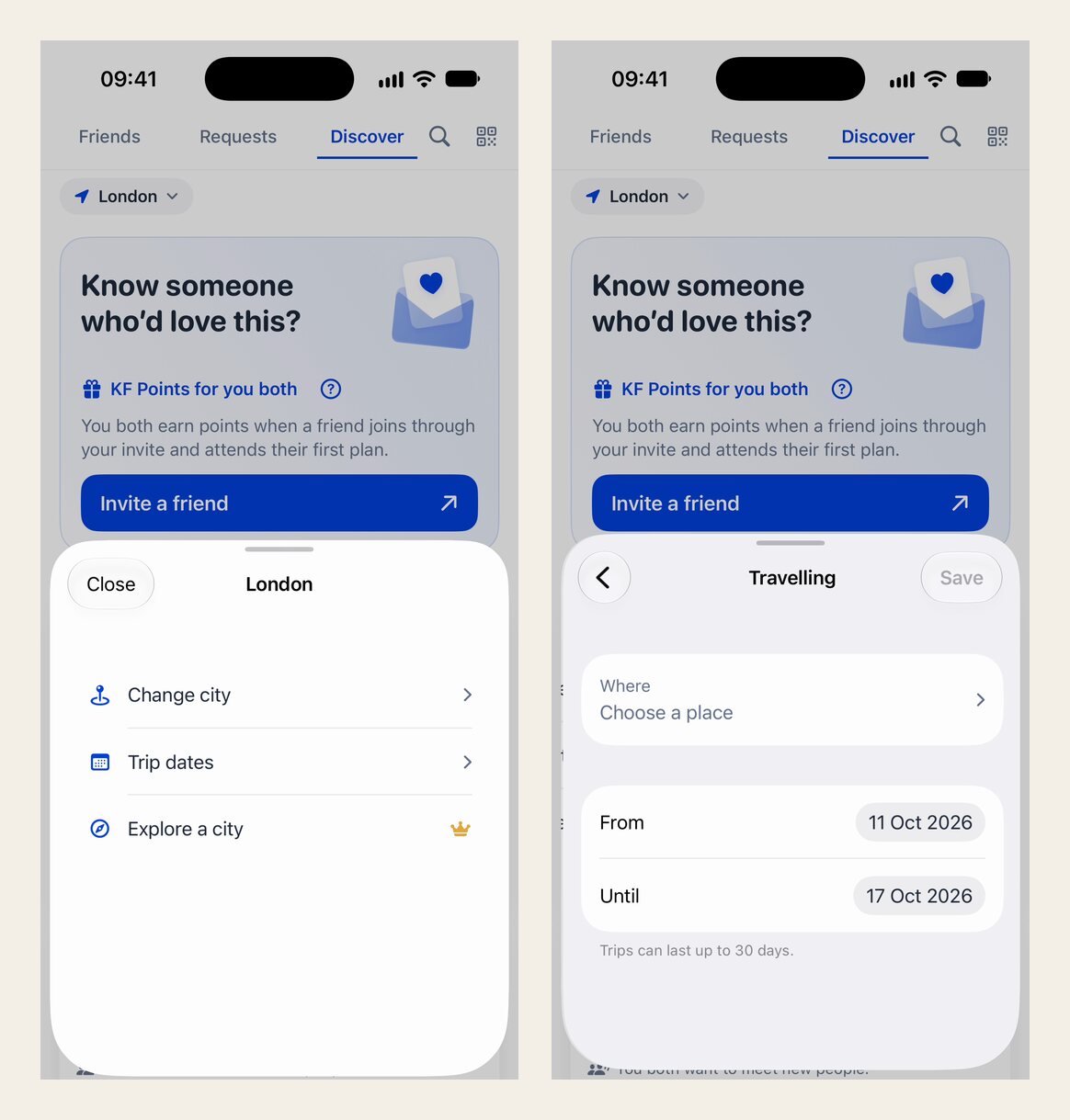 Two KF.Social app screens: the city sheet with Change city, Trip dates and Explore a city; and the Travelling screen with where you are going and the dates of your trip.