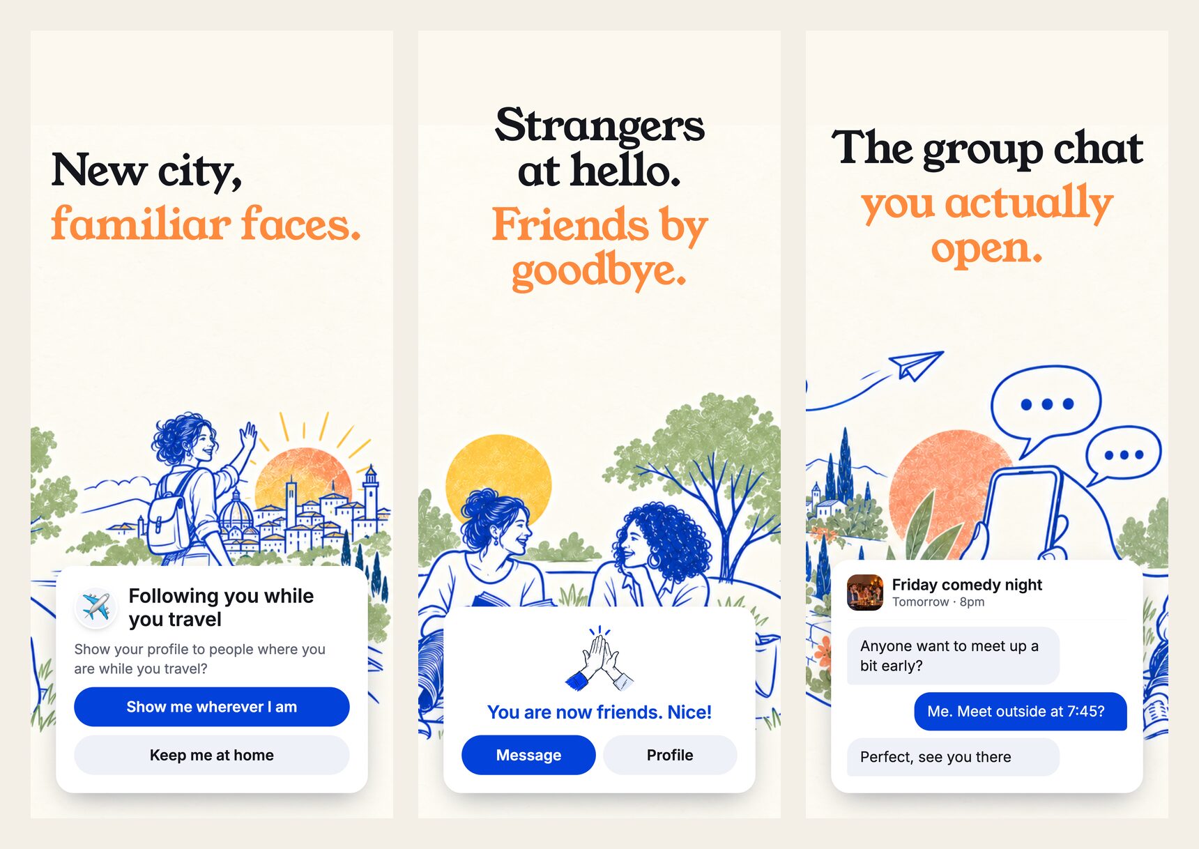 Three KF.Social app screens: New city, familiar faces with the travel card Following you while you travel; a You are now friends confirmation; and a group chat.