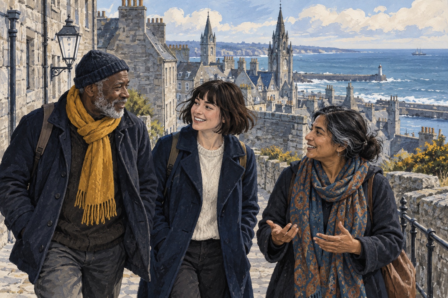 Editorial illustration of adults chatting with Aberdeen-inspired granite buildings and a North Sea horizon.