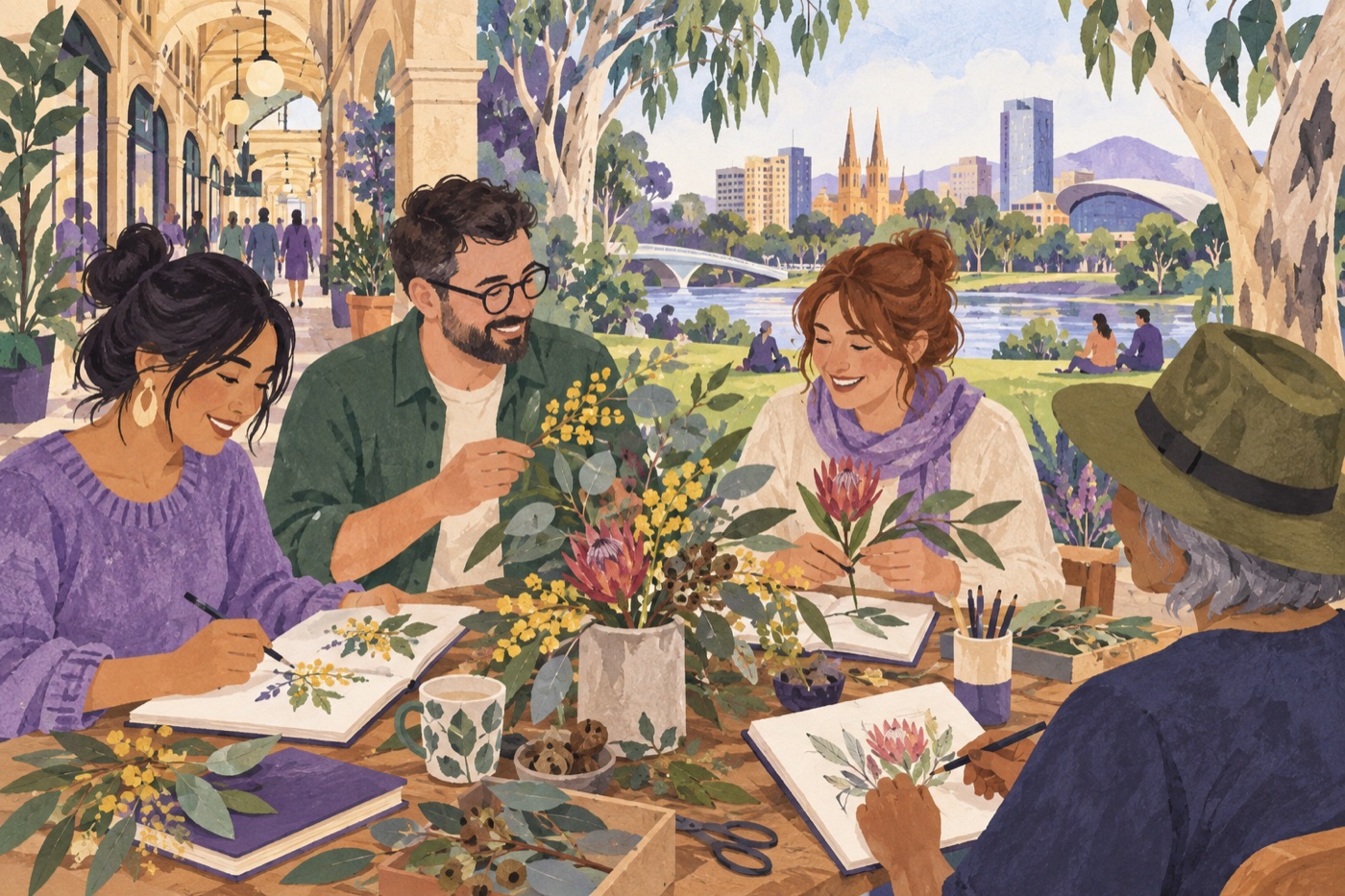 Editorial illustration of adults sharing a community activity in Adelaide; it does not depict a real group, venue or event.