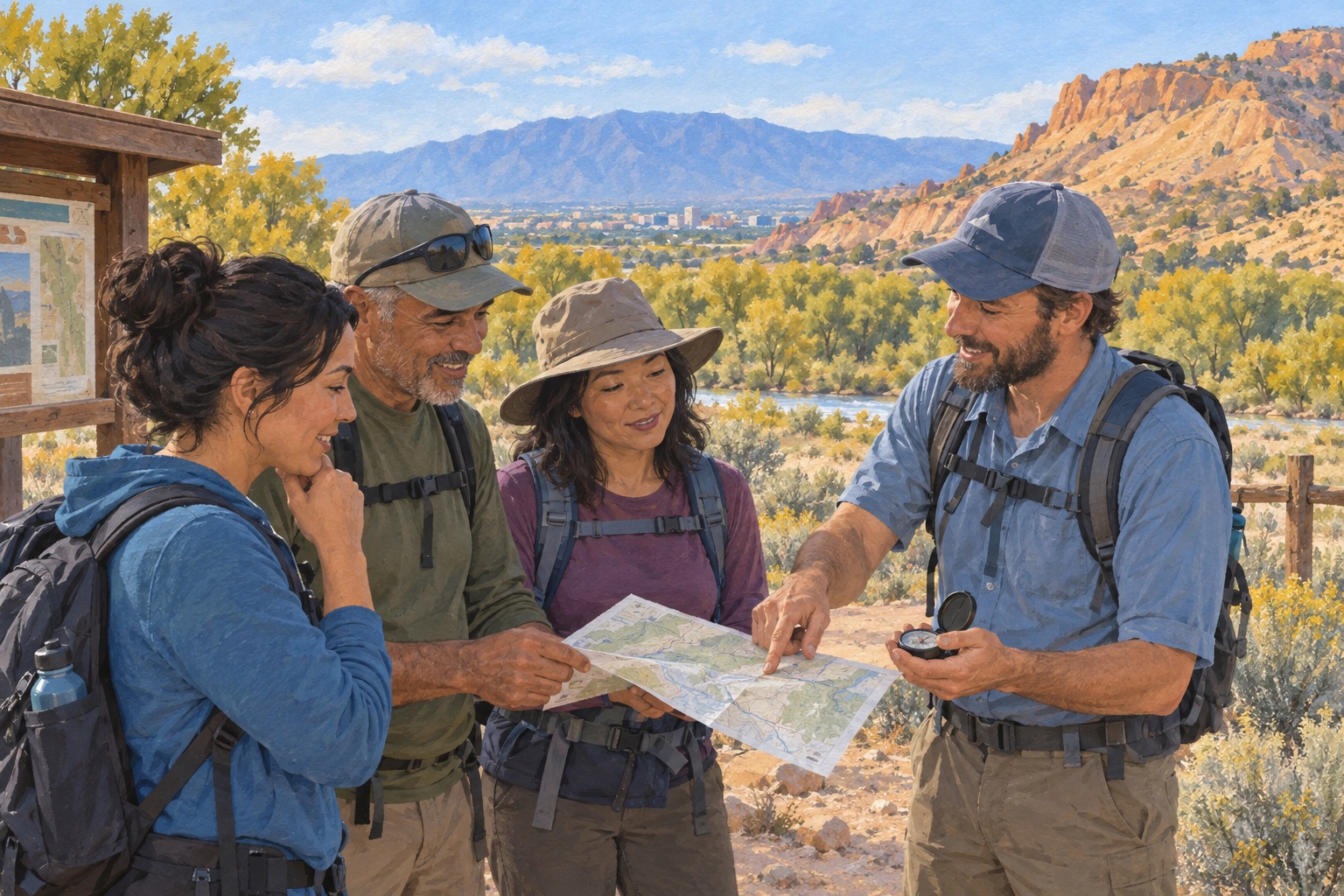 Editorial illustration of adults learning to use a map and compass in an Albuquerque-inspired desert setting.