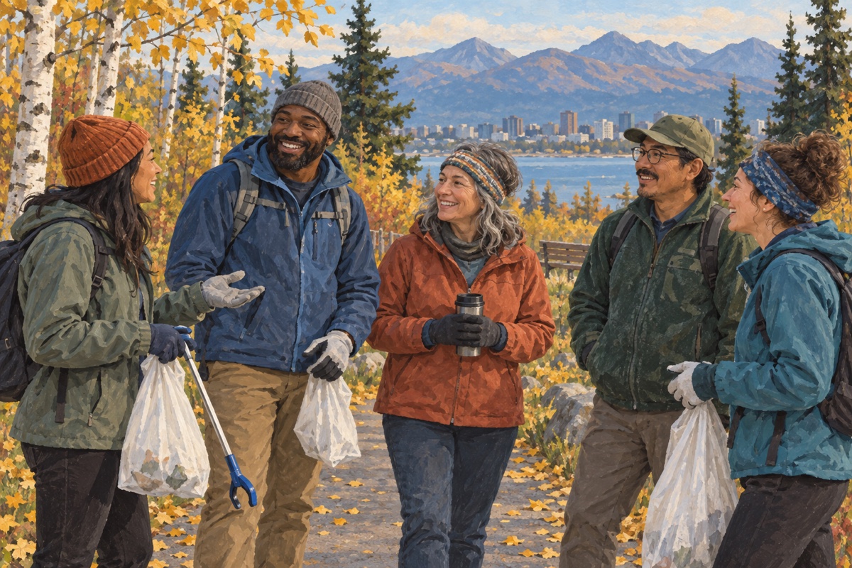 Editorial illustration of adults talking after a volunteer park cleanup in Anchorage.