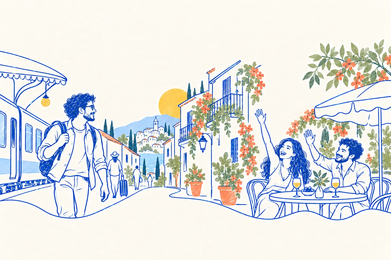 Ink illustration of a man with a small backpack stepping off a train into a sunny old town, while two people at a cafe table further along the street wave him over.