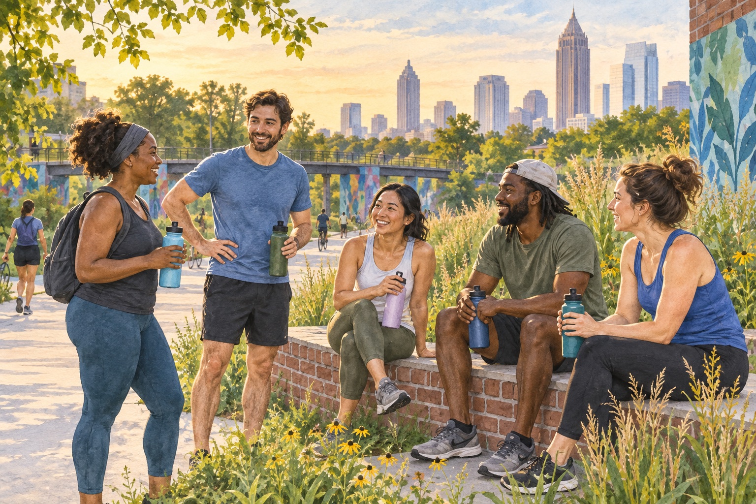 Editorial illustration of adults chatting after a walk in an Atlanta Beltline-inspired setting.