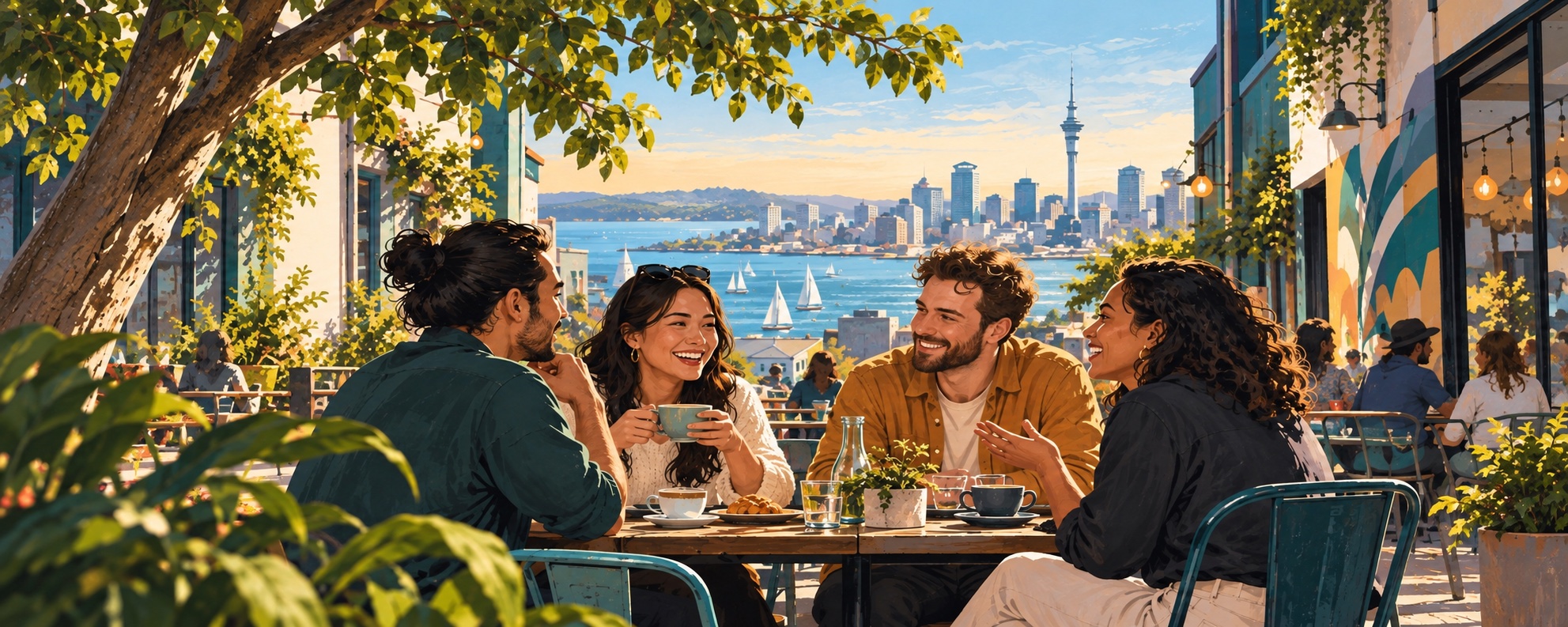 Illustration of people talking around a cafe table in Auckland, with the Sky Tower in the distance