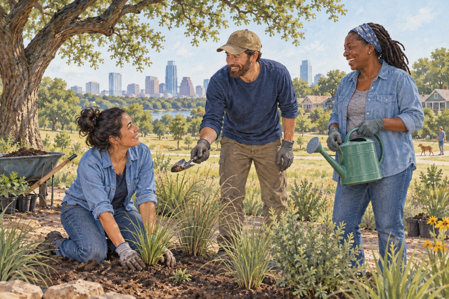 Editorial illustration of adults chatting while planting native grasses in an Austin-inspired neighborhood park.