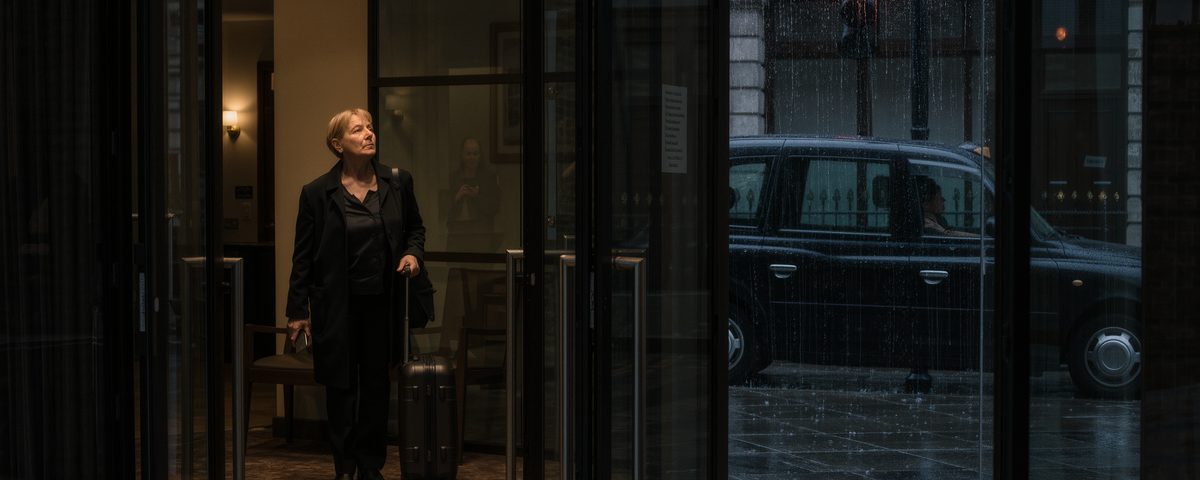 A woman in a work coat with a cabin suitcase standing alone in the lobby of a mid range London hotel at night, looking toward glass doors and a wet street outside.