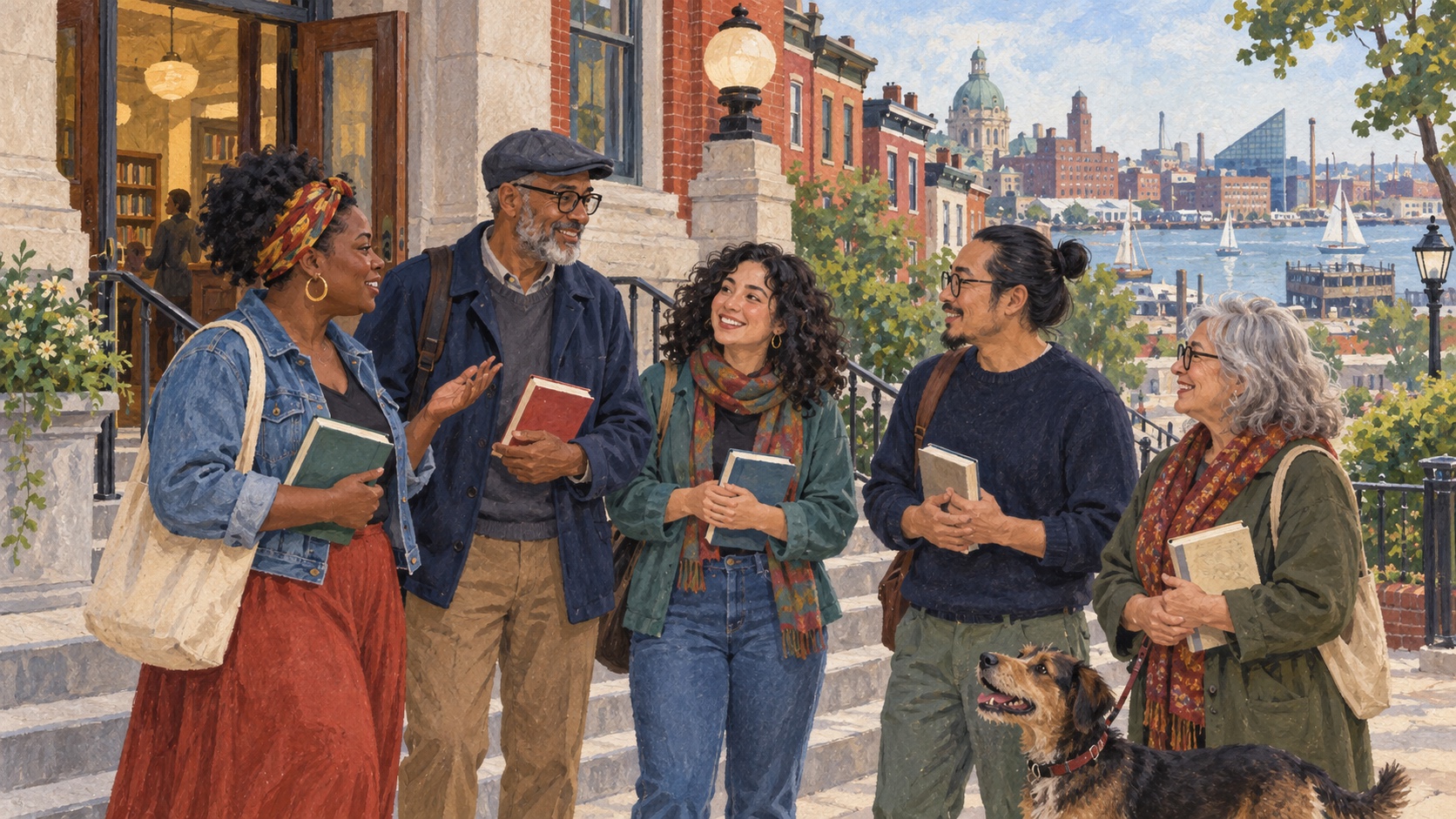 Editorial illustration of adults meeting for a walking book club outside a Baltimore public library.