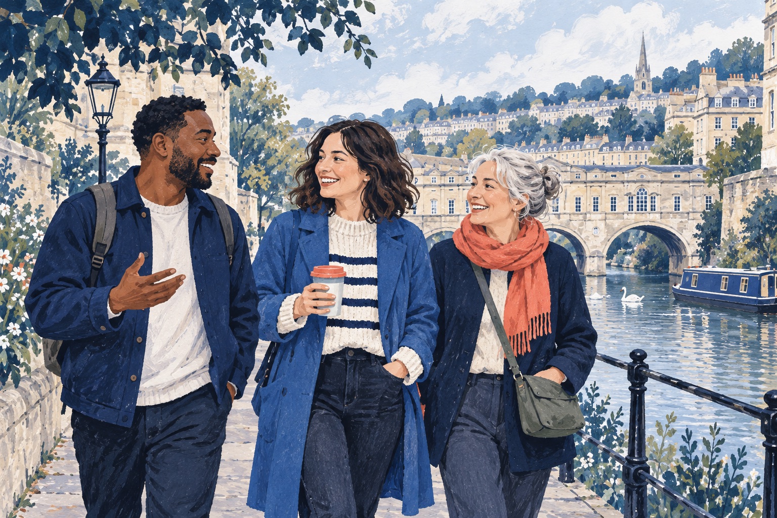Editorial illustration of three adults talking beside a Bath-inspired canal and limestone bridge.