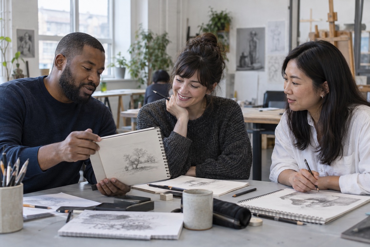 AI-generated illustration of adults sharing a sketchbook at a drawing group.