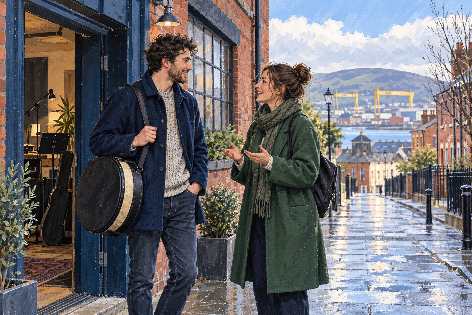 Editorial illustration of two adults talking outside a Belfast-inspired music studio, with shipyard cranes in the distance.