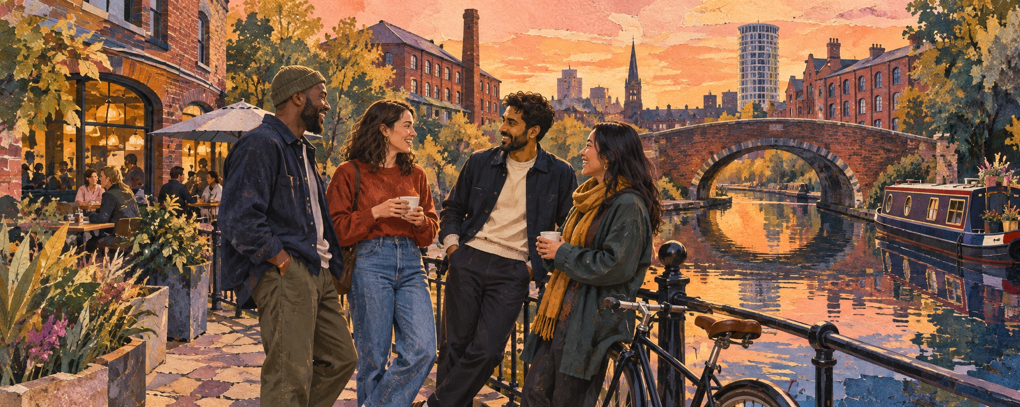 Editorial illustration of friends chatting by a Birmingham-inspired canal and brick bridge.