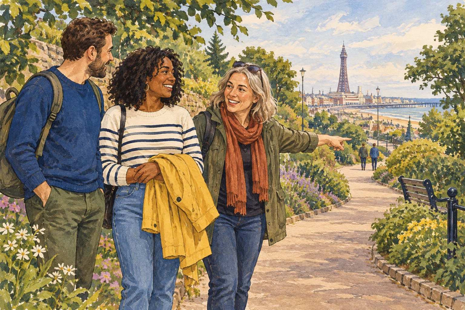Editorial illustration of adults talking on a park walk with a Blackpool-inspired tower in the distance.