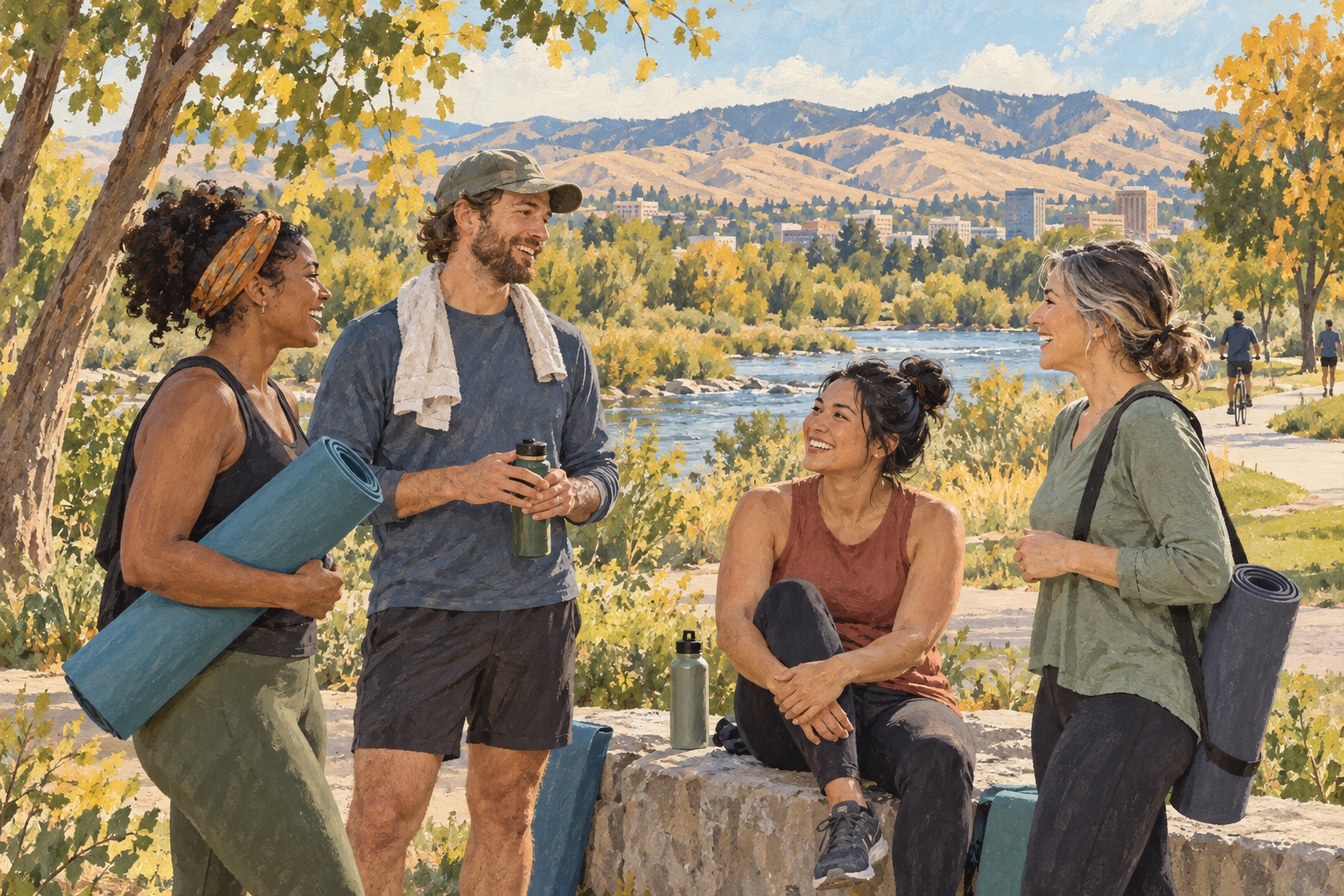Illustration of adults chatting beside the Boise River with the city and foothills in the distance.