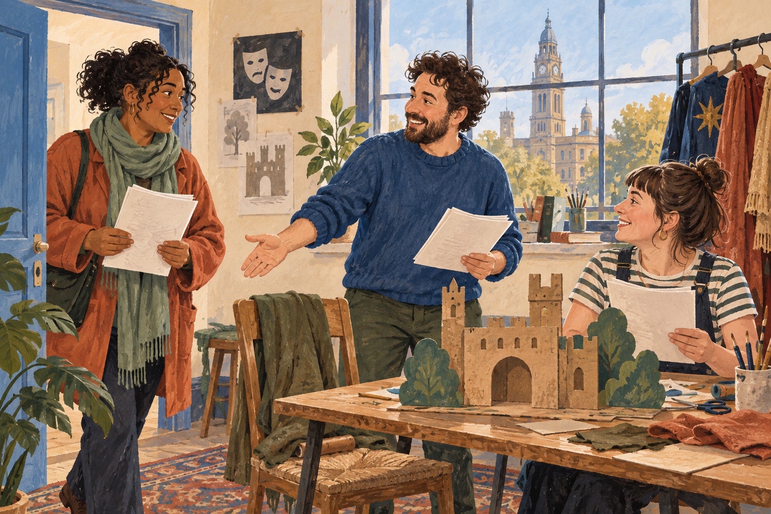 Editorial illustration of adults enjoying a creative theatre workshop in a Bolton-inspired community space.