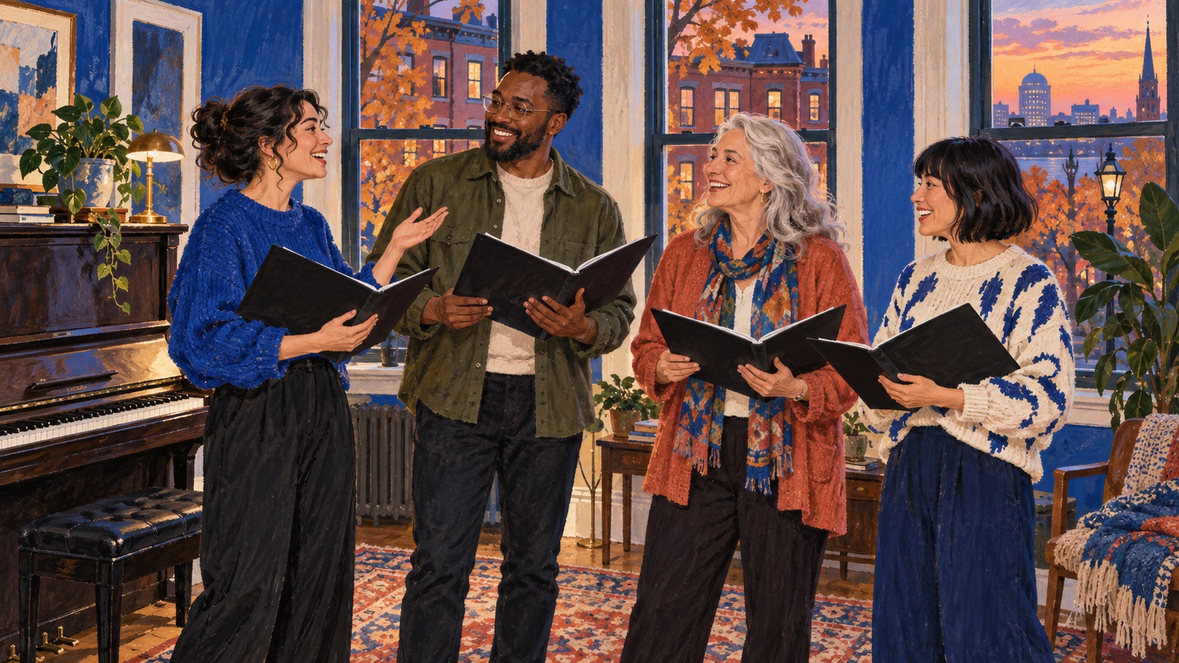 Editorial illustration of adults chatting between songs in a Boston-inspired community rehearsal room.
