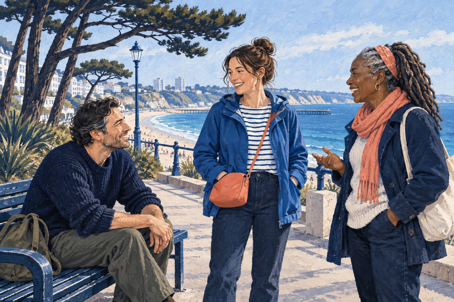 Editorial illustration of adults chatting beside a Bournemouth-inspired seafront bench and pine trees.