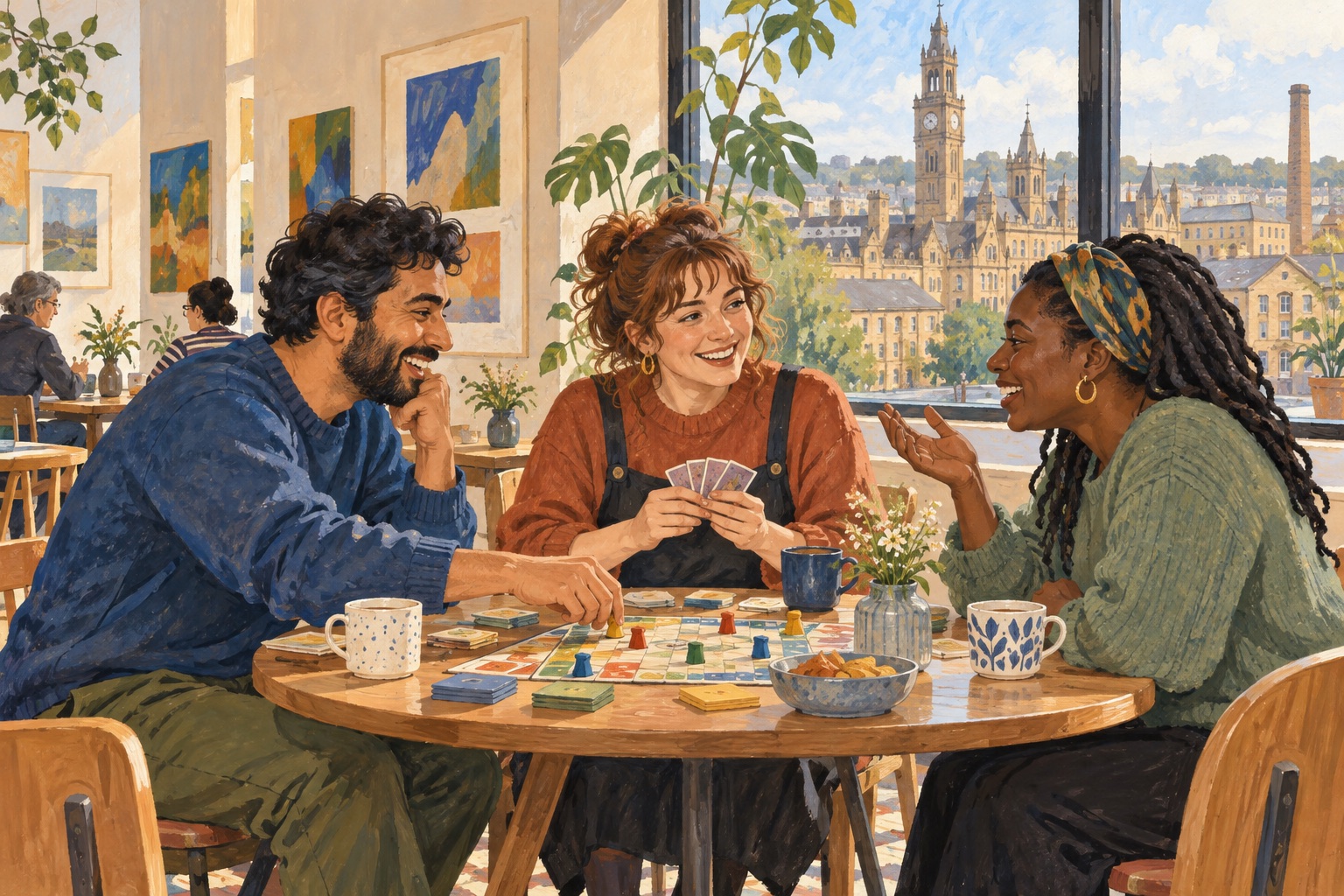 Editorial illustration of adults sharing a board game in a Bradford-inspired gallery café.