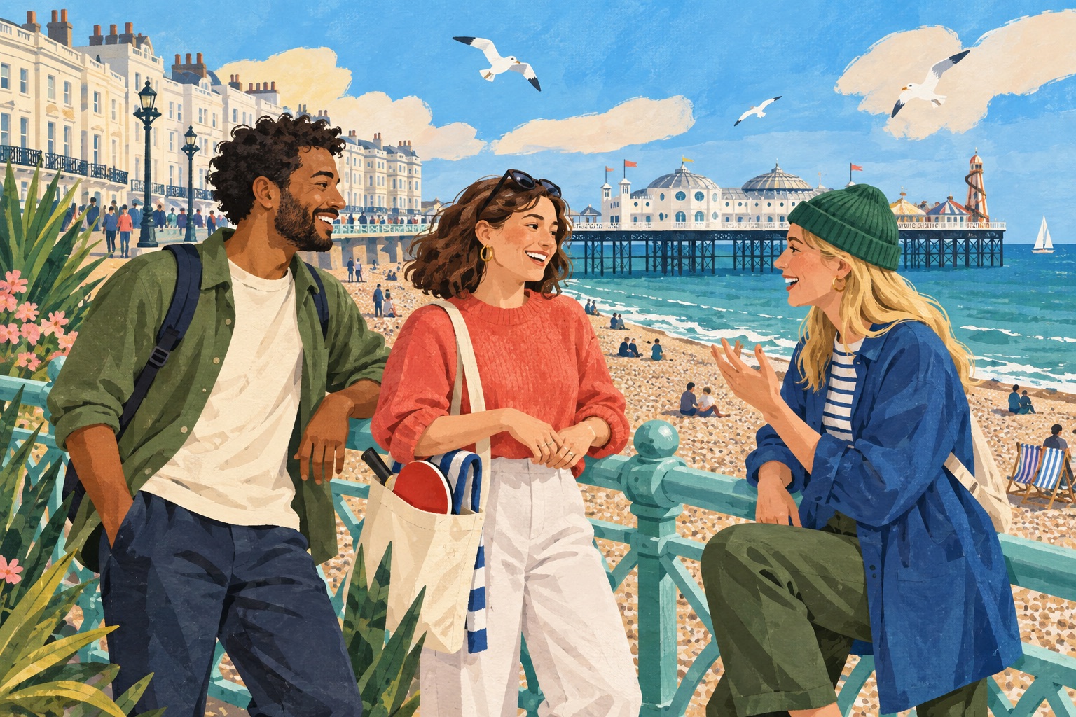 Editorial illustration of three adults chatting beside Brighton's seafront, with Palace Pier behind them.