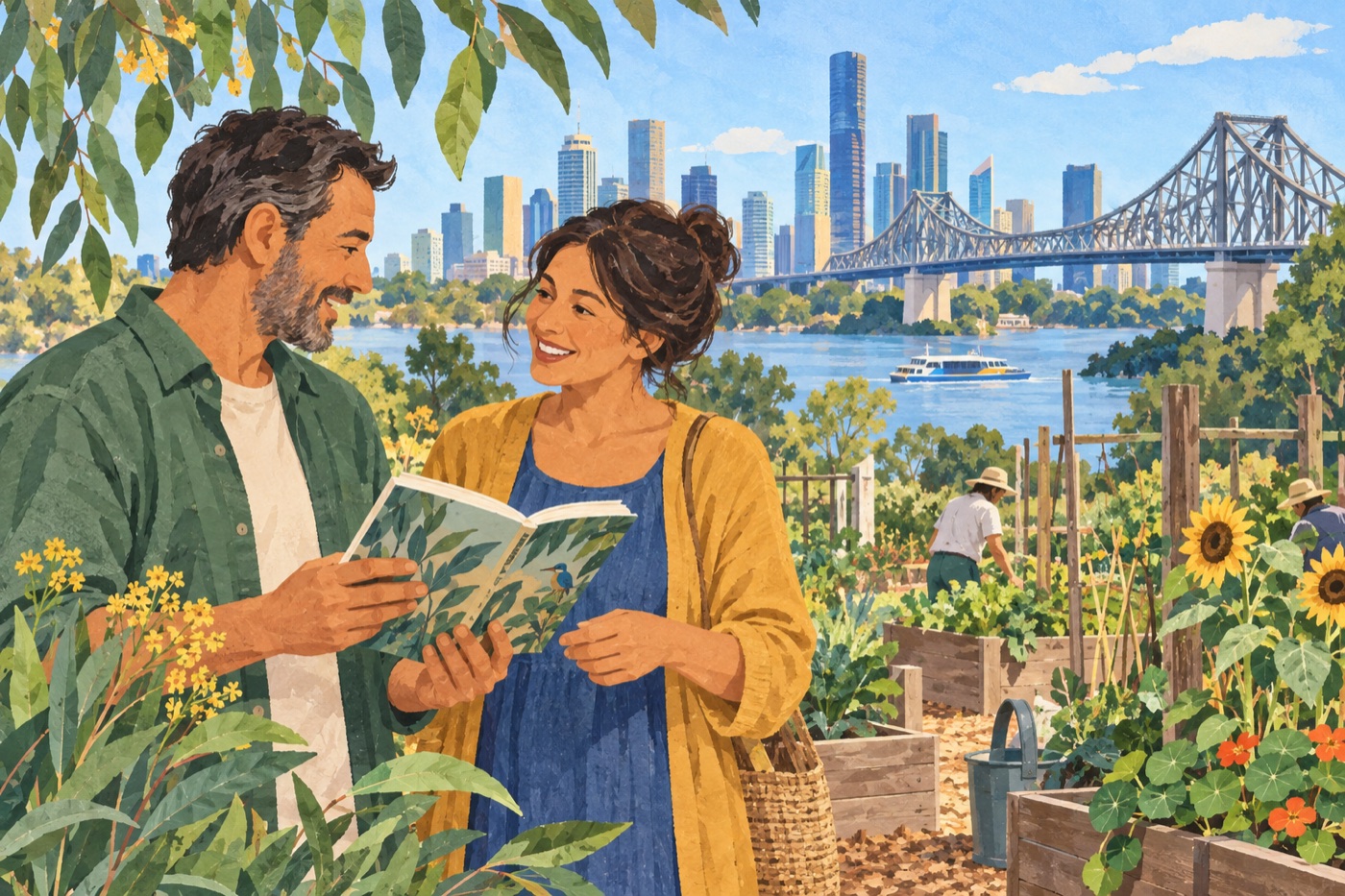 Editorial illustration of adults sharing a community activity in Brisbane; it does not depict a real group, venue or event.