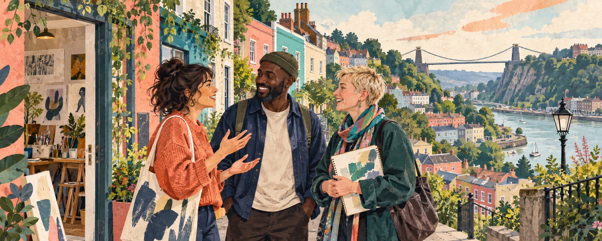Editorial illustration of friends outside a creative workshop in a Bristol-inspired hillside neighbourhood.
