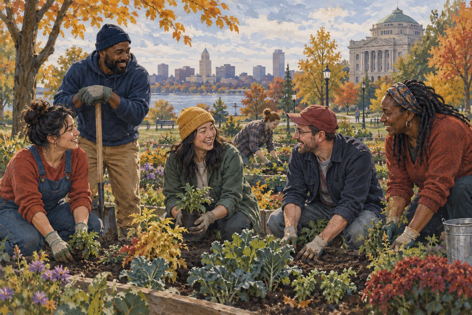 Editorial illustration of adults talking while tending a community garden in Buffalo.