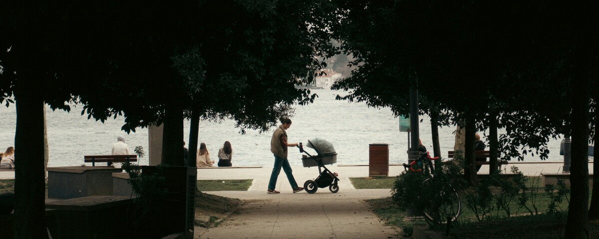 Someone pushing a buggy along a wide, level park path
