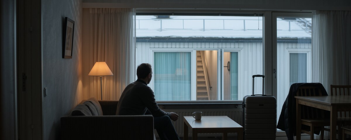 A plain Finnish living room in the late afternoon dark. A man in a dark jumper sits in a low armchair left of centre, turned away from the camera, looking out through a large window at a snow-covered roof and the lit stairwell of the building opposite. A floor lamp is on behind him, a mug stands on a low table, and a closed suitcase and a coat over a dining chair wait by the balcony door.