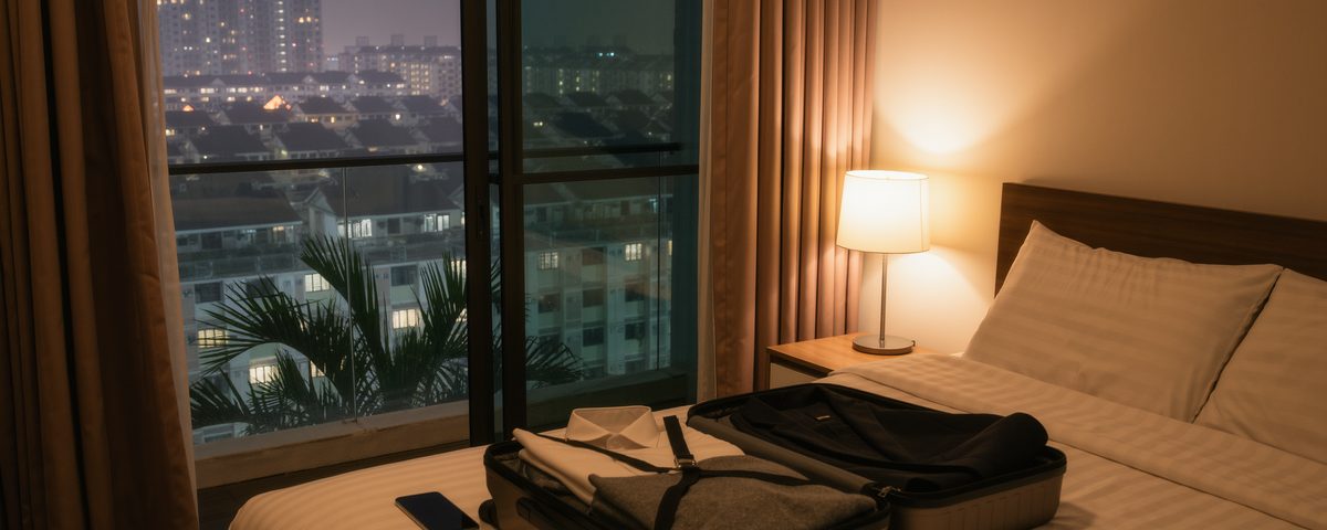 A half packed cabin suitcase open on a bed in a high rise apartment at night, with a balcony door open onto a warm tropical city of lit apartment towers and palm foliage.