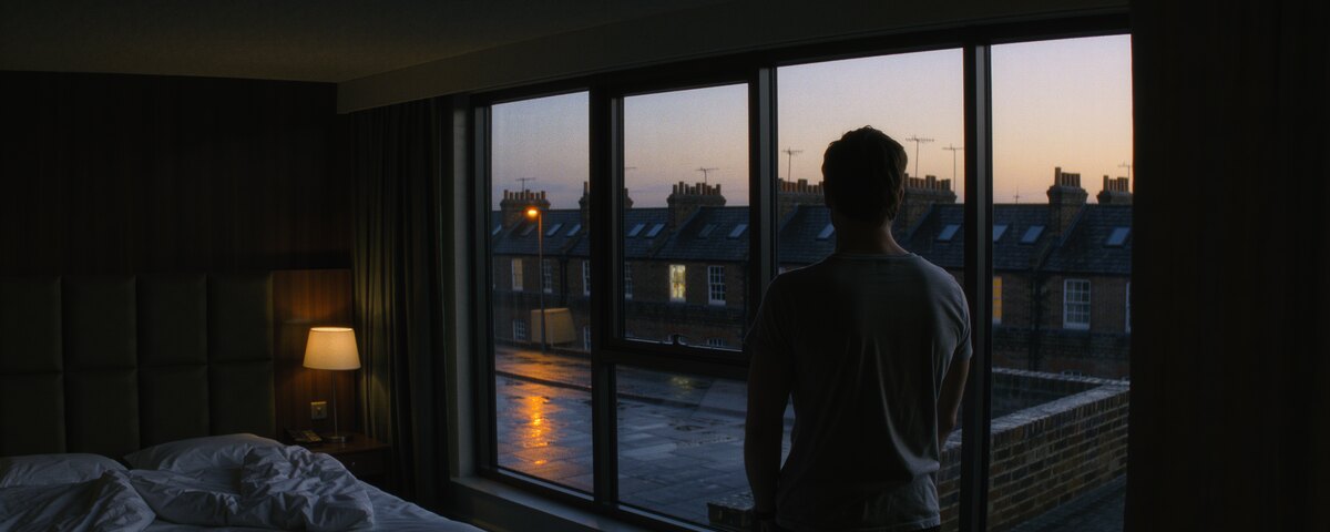 A dim hotel room before dawn. An unmade bed and a lit bedside lamp sit in shadow on the left. A man in a plain t-shirt stands at the window to the right of centre, turned fully away, looking out over wet rooftops and a terrace of houses with a few windows lit, the road below shining under an orange streetlight.