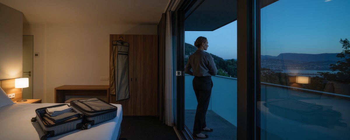 Seen from inside a dim bedroom, a woman in work clothes stands out on a balcony to the right, turned away from the camera, with a dark hillside and the scattered lights of a valley beyond her in the last blue of the evening. An open suitcase of folded clothes lies on the bed in the foreground and a garment bag hangs by the wardrobe.