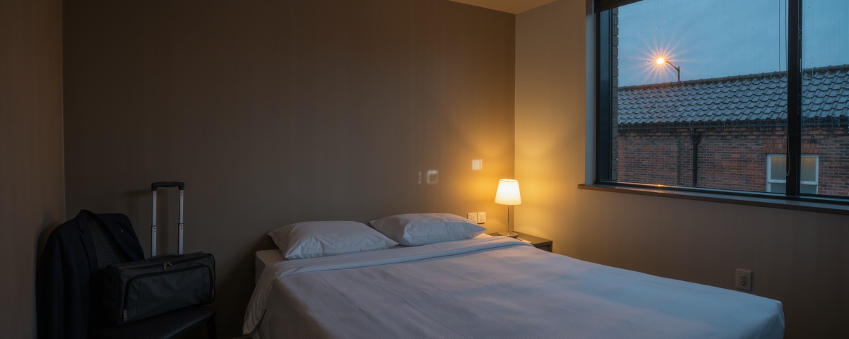 A small hotel room at dusk with a bag and a coat on a chair by the wall, the bed made and untouched, one bedside lamp lit and London brick and a street lamp through the window.
