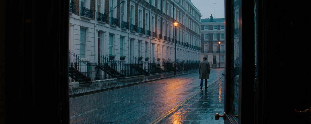 A wet London street at dusk seen from inside a dark doorway, the door frame black on both sides. Rain has left the road shining with the orange of the streetlights. White stucco terraces with black railings run down one side, and one person in a long coat walks away from the camera down the middle of the empty road.