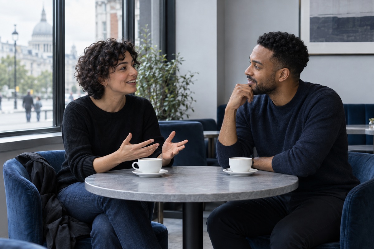 AI-generated illustration of two adults talking over coffee in a cafe.