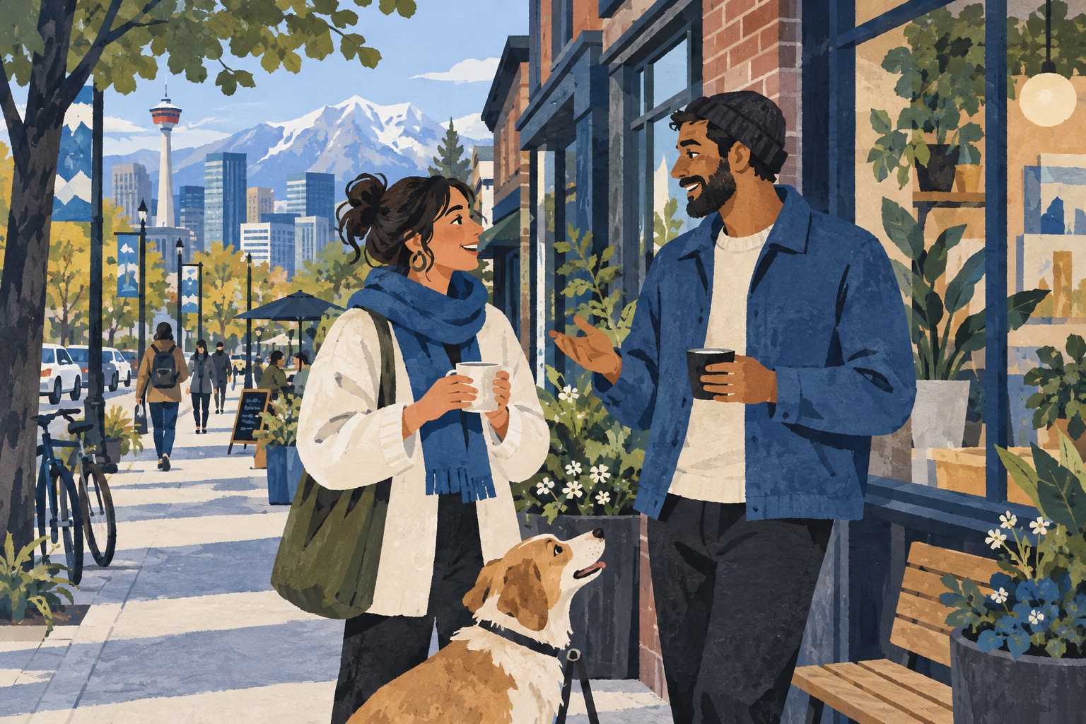 Illustration of two friends chatting on a Calgary avenue, with the Calgary Tower and foothills in the distance.