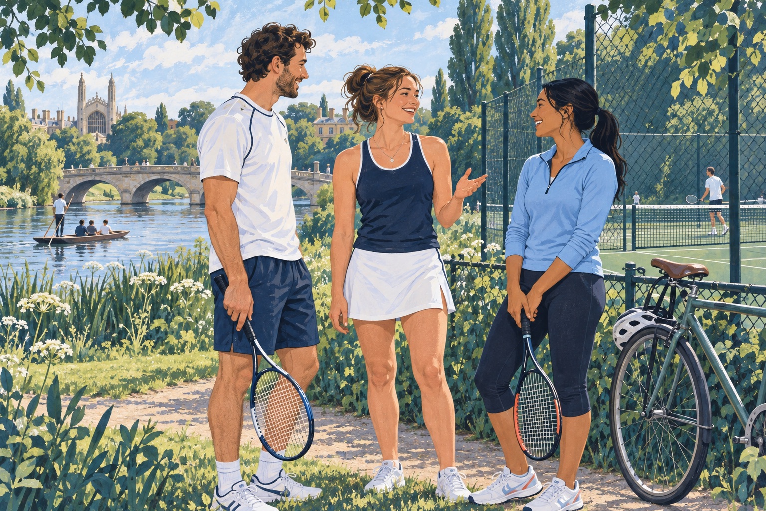 Editorial illustration of adults chatting with tennis rackets beside a Cambridge-inspired riverside court.