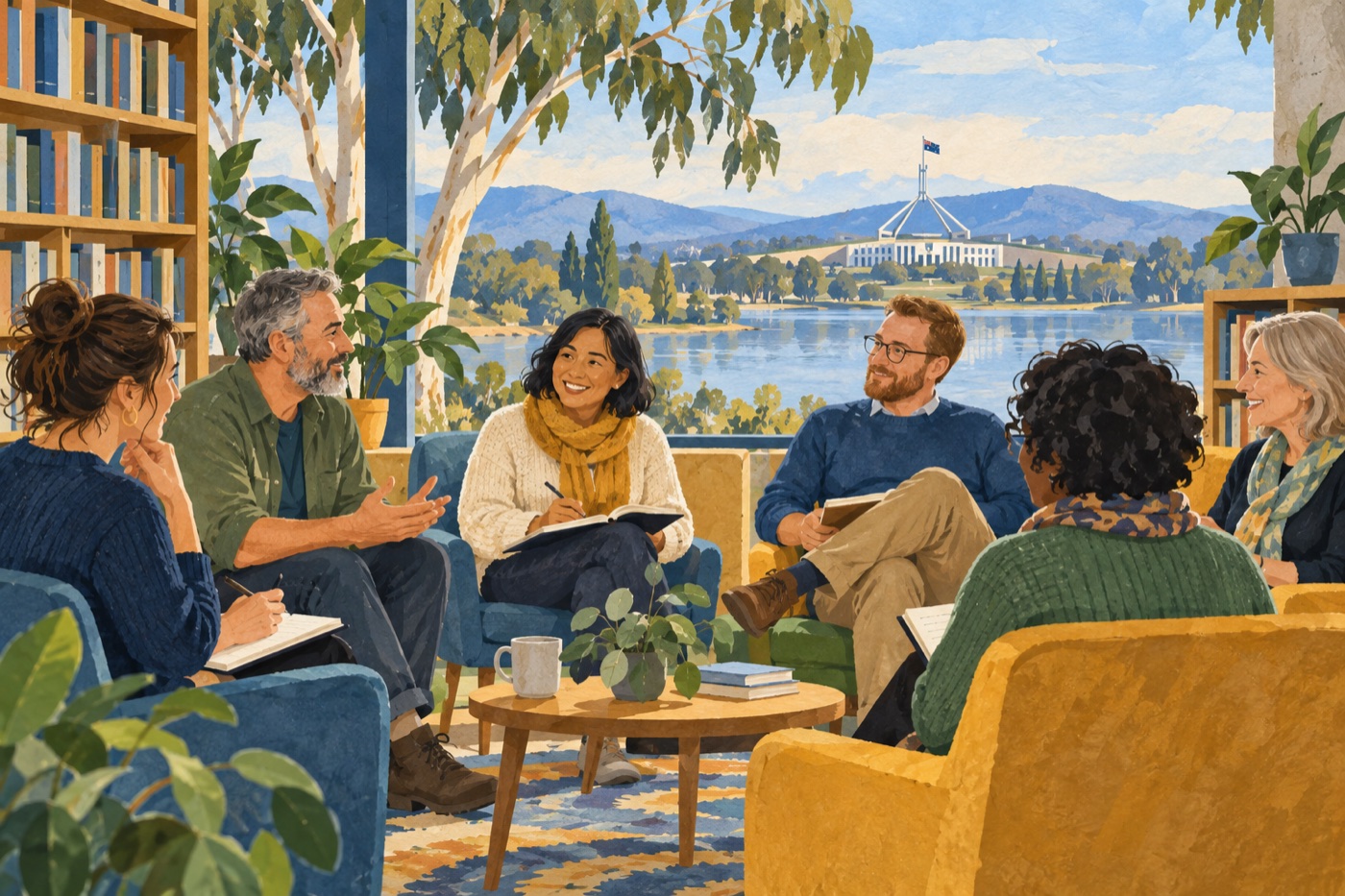 Editorial illustration of adults sharing a community activity in Canberra; it does not depict a real group, venue or event.
