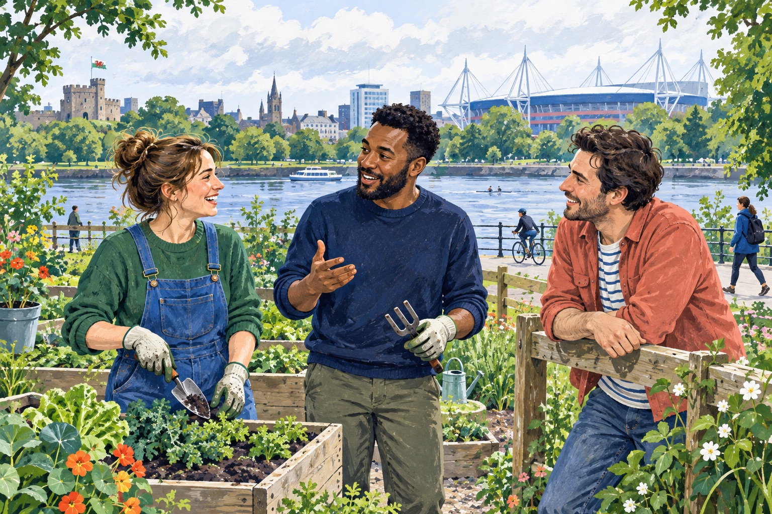 Editorial illustration of adults chatting beside a community garden in a Cardiff-inspired riverside setting.