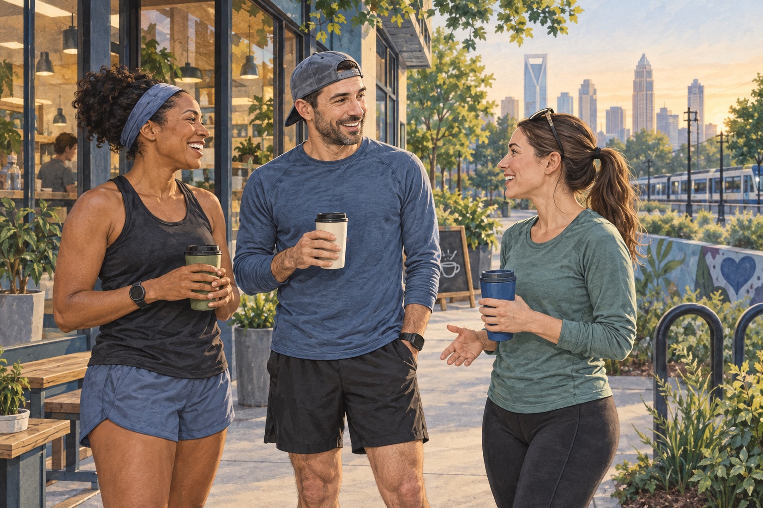 Editorial illustration of adults talking over coffee after a run in a Charlotte South End-inspired setting.