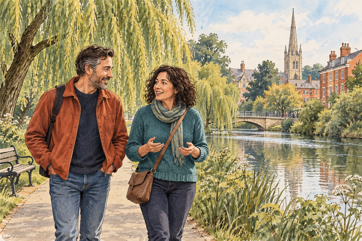 Editorial illustration of two adults talking beside a Chelmsford-inspired river with a cathedral silhouette beyond the trees.