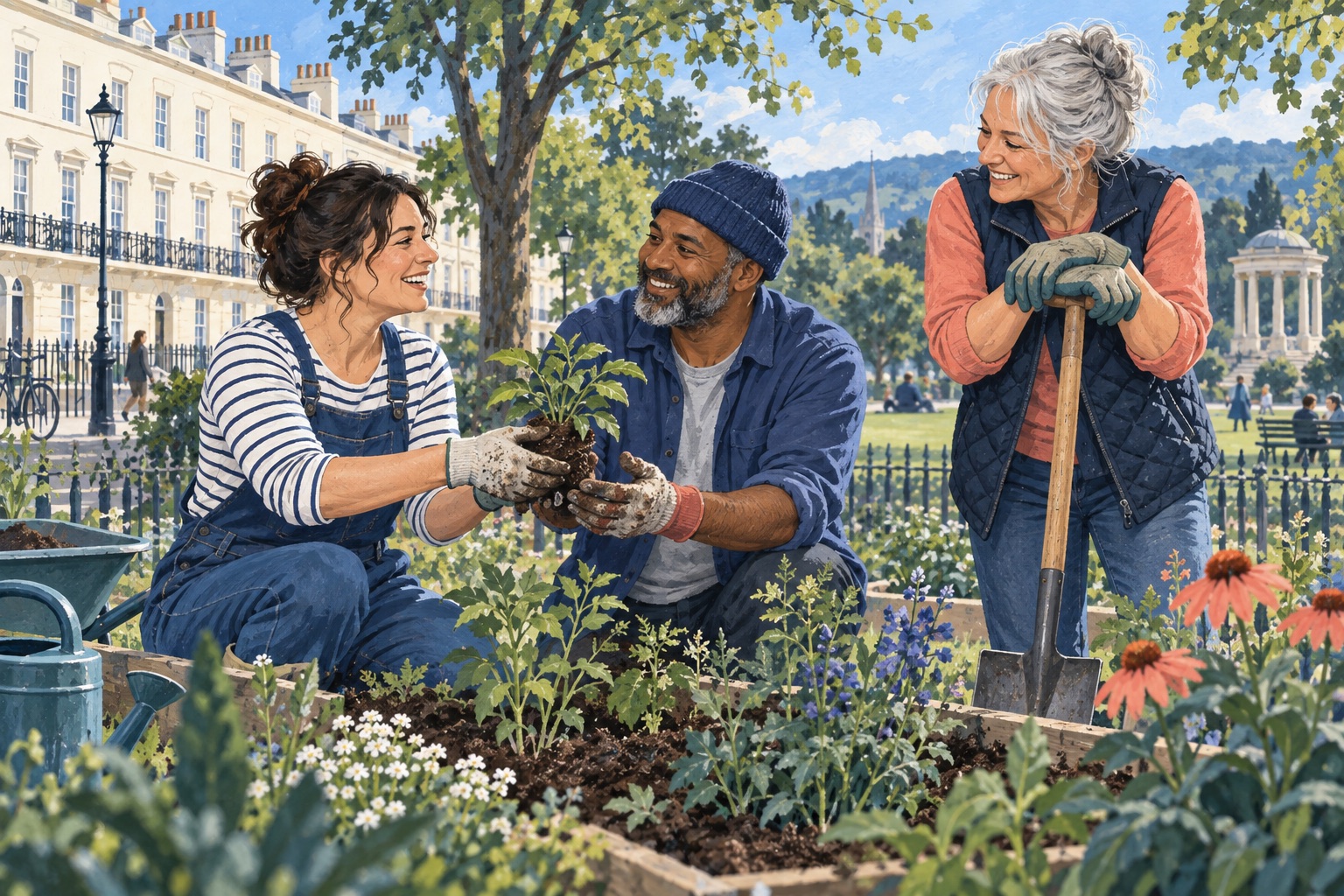 Editorial illustration of adults planting together in a Cheltenham-inspired park beside Regency terraces.