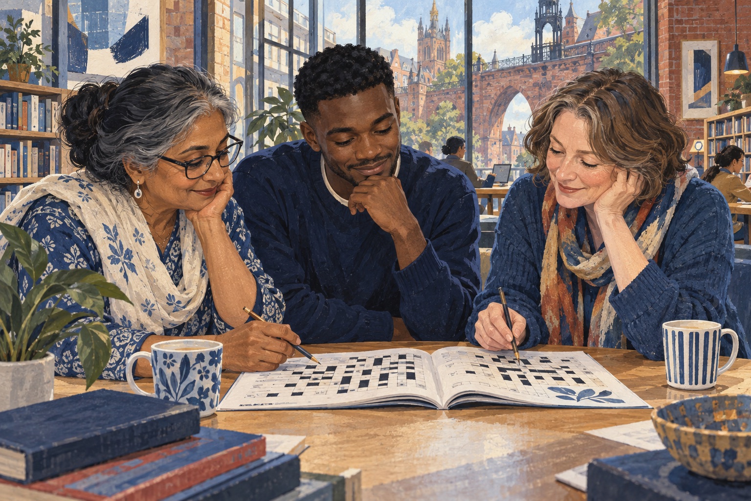 Editorial illustration of adults sharing a crossword in a library with Chester-inspired sandstone architecture outside.