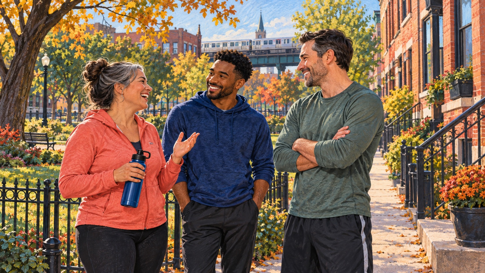 Editorial illustration of adults chatting after a walk on a Chicago-inspired neighborhood street.