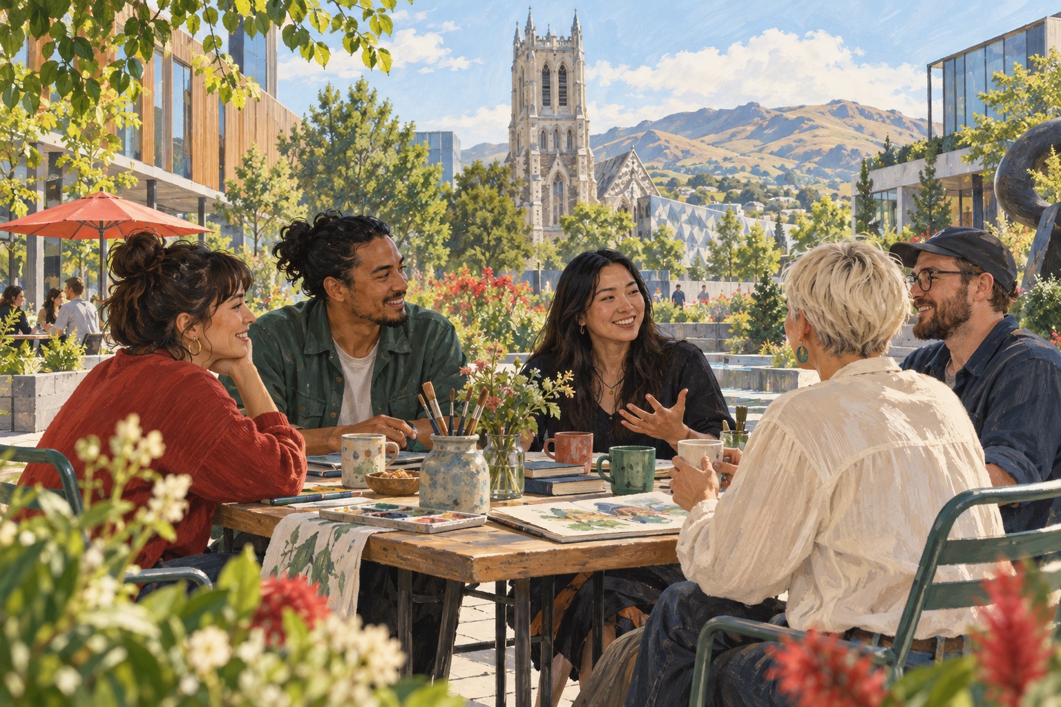 Illustration of people talking in an arts courtyard in Christchurch, with the Cathedral and Port Hills in the distance