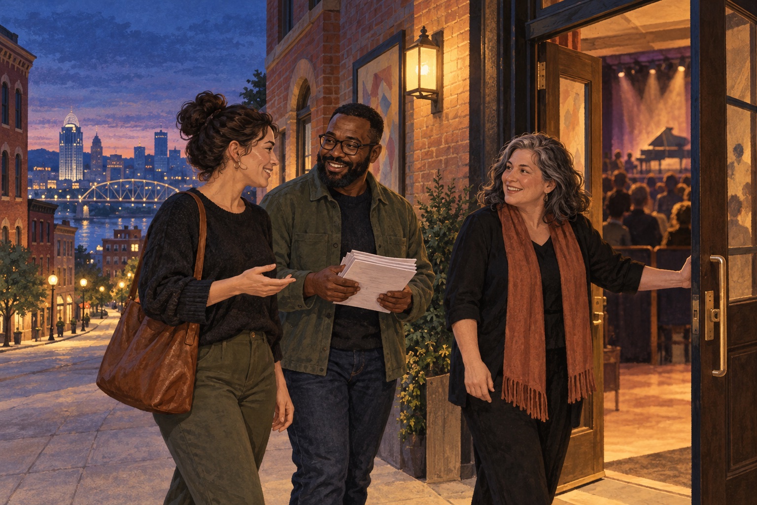 Editorial illustration of adult volunteers talking outside a Cincinnati-inspired arts venue before an evening shift.