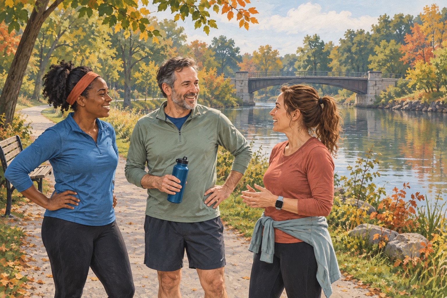 Editorial illustration of adults chatting after a walk beside an Ohio canal in a Cleveland-inspired green space.
