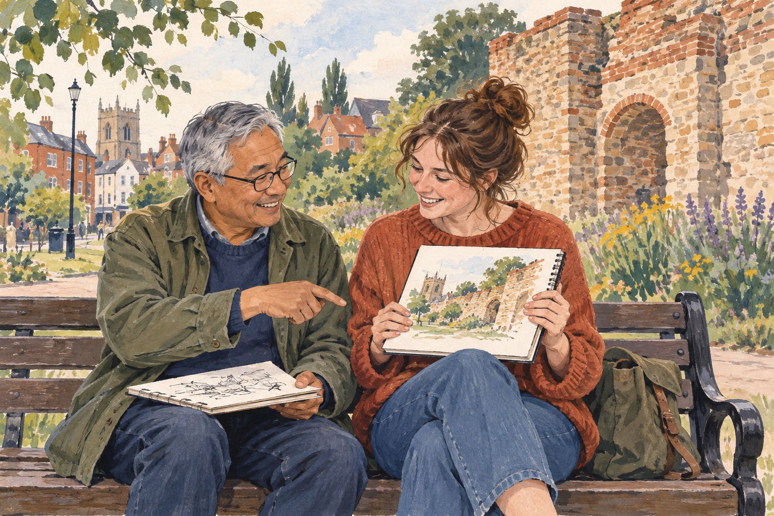 Editorial illustration of adults sketching together beside a Colchester-inspired historic stone wall.